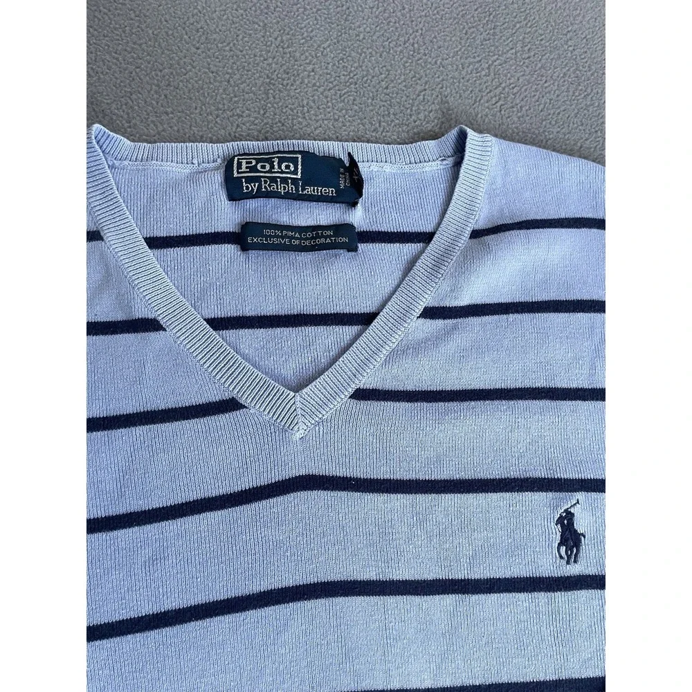 Polo Ralph Lauren Sweater Mens Medium Blue Striped Pima Cotton V Neck Logo Pony